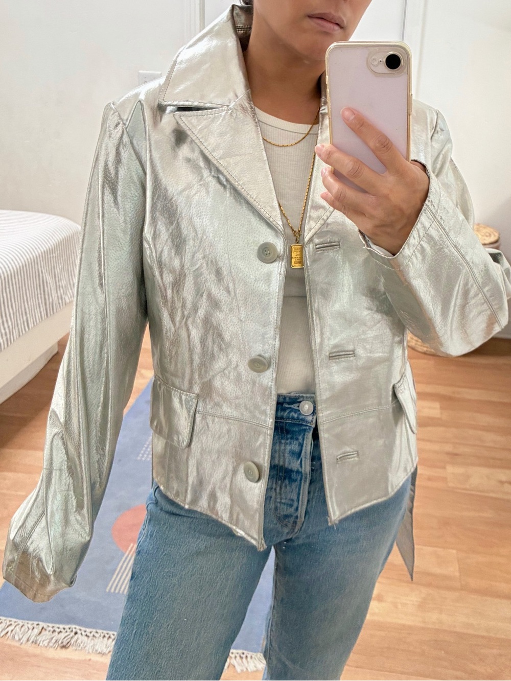 Vintage 90s Metallic Silver Leather Jacket sz L
